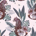 Tropical pink vector seamless pattern. Lilac tiger, palm trees, green leaves, monstera